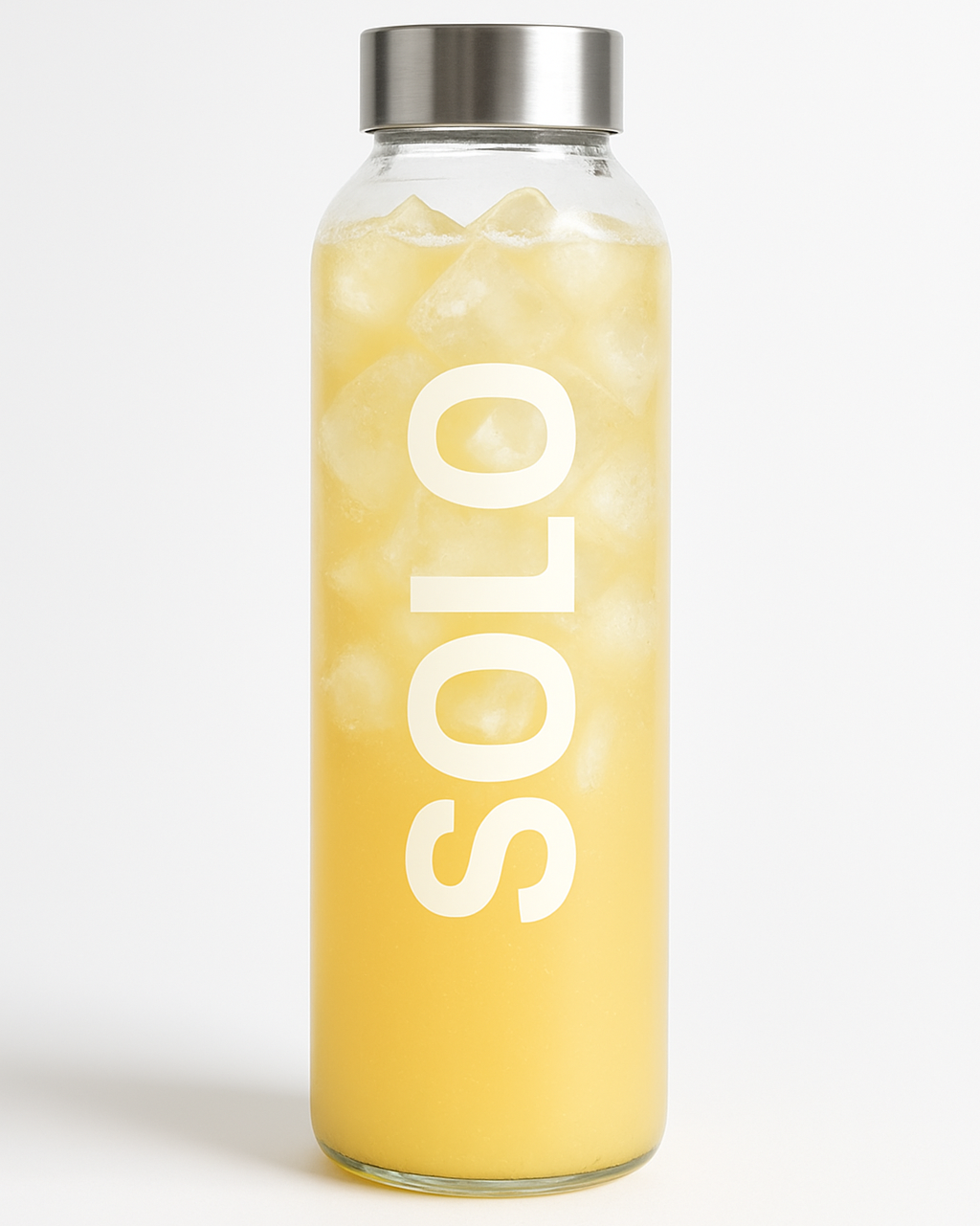 SOLO Peach Mango caffeinated supplement bottle with protein, creatine, collagen and electrolytes