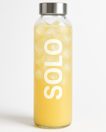 SOLO Peach Mango caffeinated supplement bottle with protein, creatine, collagen and electrolytes